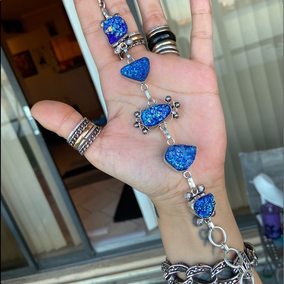 925 Sterling silver blue druzy quartz bracelet - Picture 6 of 9